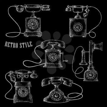 Old-fashioned chalk rotary dial telephones sketch icons with vintage table phones and caption Retro Style. Addition to communication, contact us or home appliance design