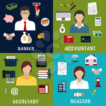 Banker, accountant, secretary and realtor professions icons with financial, real estate, banking and business office flat symbols