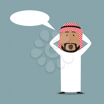Amazed cartoon arabian businessman with blank speech bubble clutching head in surprise and yelling. Business concept for wow and surprise emotion expression design