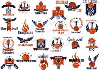 Basketball game emblems in orange and blue colors for sporting design with balls, baskets, courts and trophies, decorated by stars, wings, flames, laurel wreaths and ribbon banners 