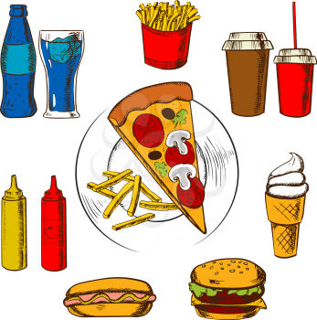 Fast food central plate of pizza and french fries surrounded by a cheeseburger, coffee, soda, french fries,  hot dog, ice cream cone and condiments. Vector illustration