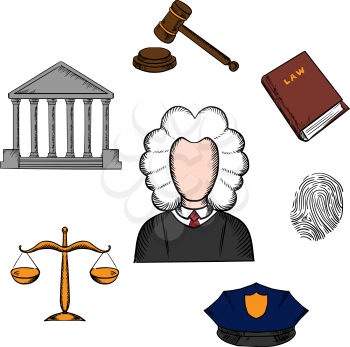 Law, judge and justice icons surrounding a lawyer with a courthouse, law book, fingerprint, police cap, scales and gavel. Lawyer profession concept