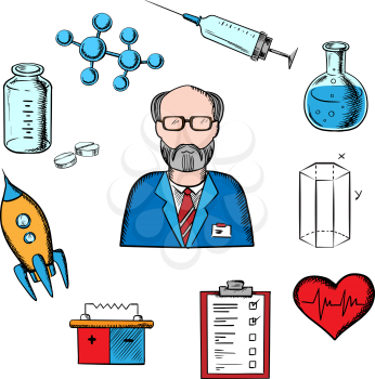 Different sciences and research concept with silhouette of a scientist surrounded by medical, biology, space, mechanic, geometry and scientific icons