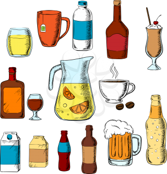 Assorted beverages, alcohol and drinks icons with fruit juice, beer, soda and champagne, milkshake and liquor, milk, coffee and whiskey