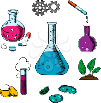 Science experiment design with a cloud of vapor, gear wheels above a conical flask and tubes with additional glassware for pharmaceutical, chemical, botanical and medical research concept design