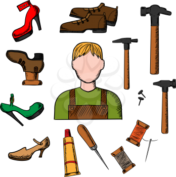 Shoemaker profession concept with icons of shoemaker with awl, heels, hammer tool, glue, nails and shoes