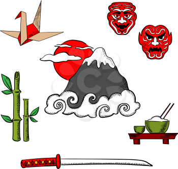 Japan travel icons of Fujiyama mountain in clouds and big red sun surrounded by katana samurai sword, bamboo sprouts, rice bowl and chopsticks, origami crane and traditional theater masks