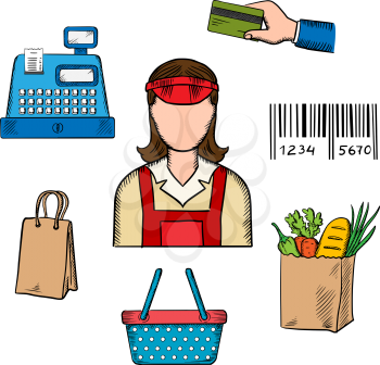 Seller profession and  shopping icons of bag, till or cash register, credit card payment, bar code and bag of groceries around a female shop assistant