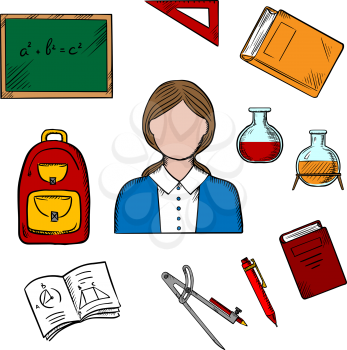 Teacher profession concept with woman encircled by blackboard with chalk formula, books and pen, laboratory flasks and school bag, exercise book and triangle ruler