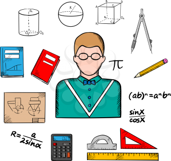 Mathematician profession with teacher in glasses encircled by formulas, calculator and rulers, compasses and pencil, textbooks, drawing and geometric figures