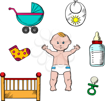 Colorful childish design with a cute little baby in a nappy encircled by a cot, crib and pushchair, booties and bib, bottle and dummy