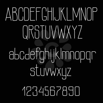Chalk san serif font alphabet on blackboard with tall and thin letters and numbers. Retro font for education or typography design