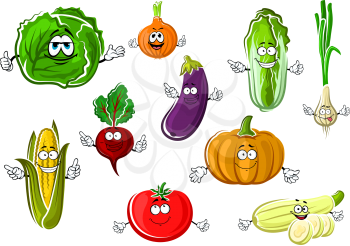 Cartoon red tomato, onion, eggplant, corn cob, cabbage, zucchini, sweet orange pumpkin, beet, green onion and chinese cabbage vegetables. Vector healthy veggies characters