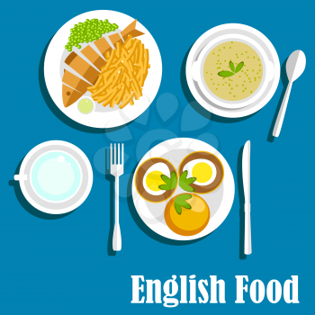 English cuisine main dishes served with whole fried fish, french fries and sauce, green pea soup, muffin egg sandwiches with herbs. Flat style
