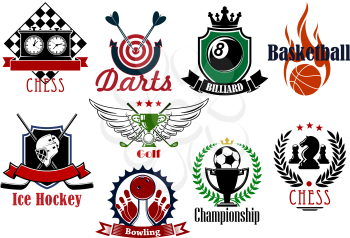 Football or soccer, basketball, ice hockey, golf, darts, bowling, chess and billiards sporting items, trophies and heraldic symbols. For sports games and teams design