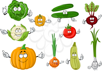 Fresh crunchy green cucumbers and cabbage, ripe red tomato and purple beet, sweet orange bell pepper and pumpkin, juicy zucchini and cauliflower, spicy onion and scallion vegetables cartoon characters