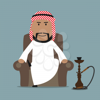 Relaxed cartoon arabian businessman in national white thobe and keffiyeh resting in a comfortable armchair with traditional oriental hookah. Relaxation or leisure theme design