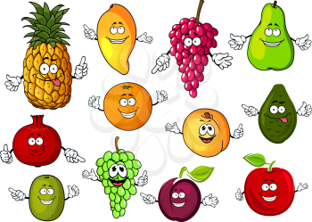 Cartoon orange, red apple, pear, peach, green and red grapes, pineapple, kiwi, mango, plum, pomegranate and avocado fruits. Fresh tropical and garden fruits characters