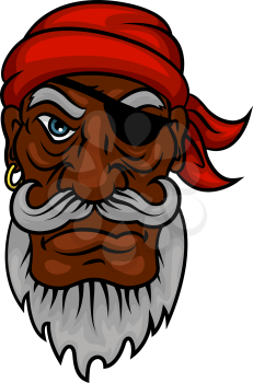 Gray bearded old pirate character in red bandanna and leather eye patch. Marine adventures, travel or piracy themes design