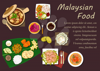 Malaysian cuisine with nasi lemak rice, prawn noodle, tofu noodle with curry, pork stew with mushrooms and tofu, passion fruit, carambola, mango, pineapple fruits with bread and dessert on banana leaf