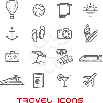 Travel and leisure thin line icons with airplane and luggage, passport and sun, hotel services, yacht, anchor and cocktail, beach umbrella and toys, photo camera and diving mask, hot air balloon