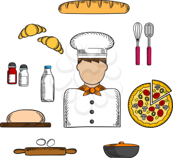 Baker profession icons with man in toque, pizza and baguette, croissant and milk, eggs and dough, chopping board and cutlery, salt, pepper and pot
