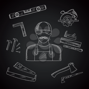 Carpenter and toolbox tools chalk icons with hammer, file, axe, nails, handsaw, hacksaw, ruler, plane and measuring level on blackboard