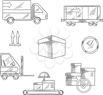 Delivery, shipping and logistics icons with container train, delivery packages and truck, scale conveyor and packaging signs, forklift truck, clock with cardboard box