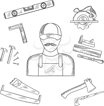 Carpenter and toolbox tools sketches with hammer, file, axe, nails, handsaw, hacksaw, ruler, plane and measuring level