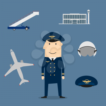 Pilot profession icons with captain in uniform surrounded by airplane and flight helmet, peaked cap, modern airport building and aircraft steps