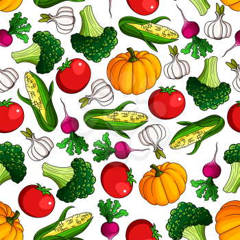 Fresh tomato and pumpkin, broccoli and corn, radish and garlic vegetables seamless pattern background for agriculture, recipe book or vegetarian food design