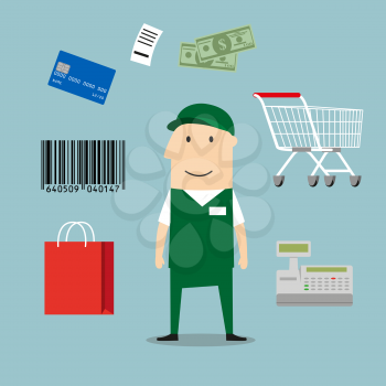 Seller profession and retail icons including a bag, till or cash register, credit card payment, bar code and bag of groceries around a shop seller