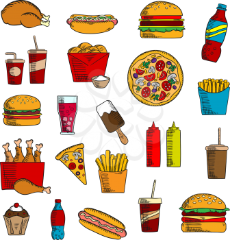 Takeaway and fast food icons with French fires and cheeseburger, pizza and hot dog, ice cream and coffee, cake and chicken, condiments and beverages