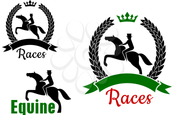 Equestrian sport symbols for horse racing competition design with riders and jumping horses, one  framed by crowned laurel wreath with ribbon banner and another with text Equine
