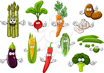 Happy smiling cartoon fresh corn cob and eggplant, sweet orange carrot and green pea,  potato and hot red chili pepper, broccoli and radish, crunchy chinese cabbage and bundle of asparagus vegetables