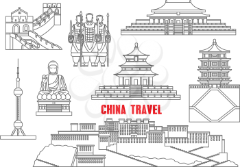 China travel landmarks with the Great Wall, Forbidden City, Terracotta army, Summer palace, Temple of Heaven, Potala palace, oriental pearl tower and Buddha statue. Thin line icons for travel theme