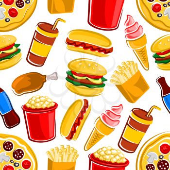 Fast food pattern with hamburgers, hot dogs and pizza, soda and coffee drinks, french fries and popcorn, fried chicken legs and strawberry ice cream cones