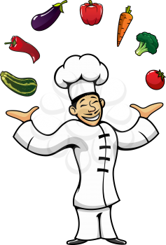 Cartoon joyful asian chef juggling by broccoli and peppers, eggplant and zucchini, tomato and carrot vegetables. Oriental restaurant, vegetarian menu, recipe book design usage