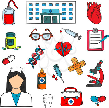 Medical sketched icons of doctor and medicine bottles, syringes and human hearts, glasses and blood bag, microscope, first aid kit, DNA and healthy tooth, plaster and clipboard with pen