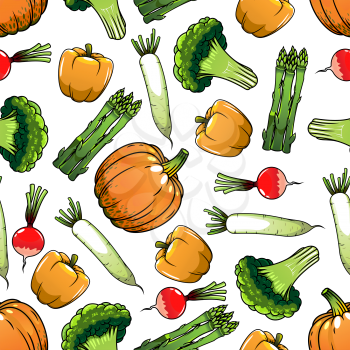 Organic farm vegetables seamless pattern with orange bell pepper and pumpkin, green broccoli and asparagus, red and white radish. Agriculture harvest, cooking or vegetarian menu design