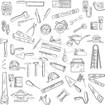 Tools icons with wrench and hammer, axe and saw, brushes and rollers, ruler and light bulbs, wheelbarrow and jack plane, trowel and rasp, knives and awls, nails and battery, ladder and tape measures
