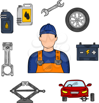 Mechanic in blue uniform with symbols of car on jack, wheel and spanner, piston, battery and motor oil