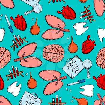 Medical seamless pattern of human hearts and lungs, brains and teeth, blood test tubes and charts for visual acuity testing, pipettes and enemas on cyan background. Medicine or healthcare theme design