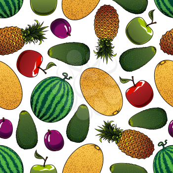 Ripe summer fruits seamless pattern for agriculture or kitchen interior design with red and green apples, plums and pineapples, watermelons, avocados and melons