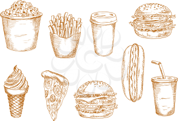 Hamburger and hot dog, pepperoni pizza and cheeseburger, french fries, paper cups of coffee and soda, ice cream cone and popcorn bucket sketches. May be use as old fashioned menu or kitchen interior a