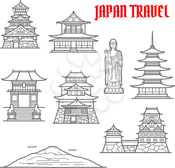 Japan travel landmarks thin line icons of Fuji mountain and Ushiku Great Buddha, Imperial palace and Osaka castle, deva gate of Kiyomizu-dera temple, oldest pagoda in temple of flourishing law, Matsue