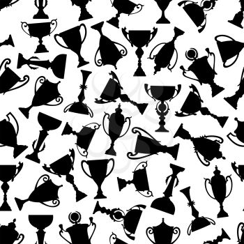 Black and white seamless winner cups pattern with silhouettes of trophies adorned by decorative elements. May be use in sporting competition, award ceremony or leadership theme design 