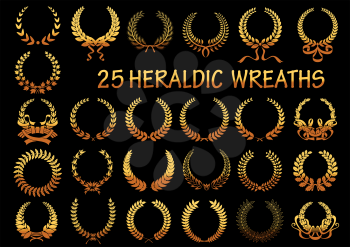 Golden laurel wreaths heraldic elements for victory theme or heraldry design usage with frames, composed of wheat ears and branches of laurel, maple and oak trees, decorated by ribbons