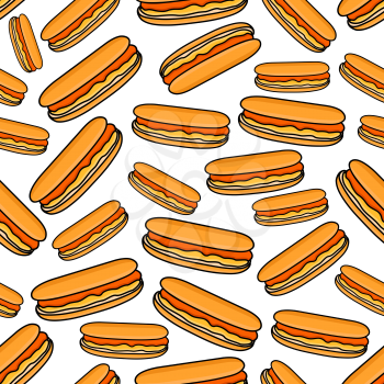 Hot dogs seamless pattern of fast food sandwiches with sausages served in sliced buns with mustard garnish on white background. Takeaway menu and street food themes design