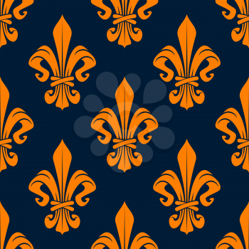 Elegant french fleur-de-lis seamless pattern with orange foliage compositions of tied leaf scrolls on dark blue background. Heraldry and monarchy, history or interior themes